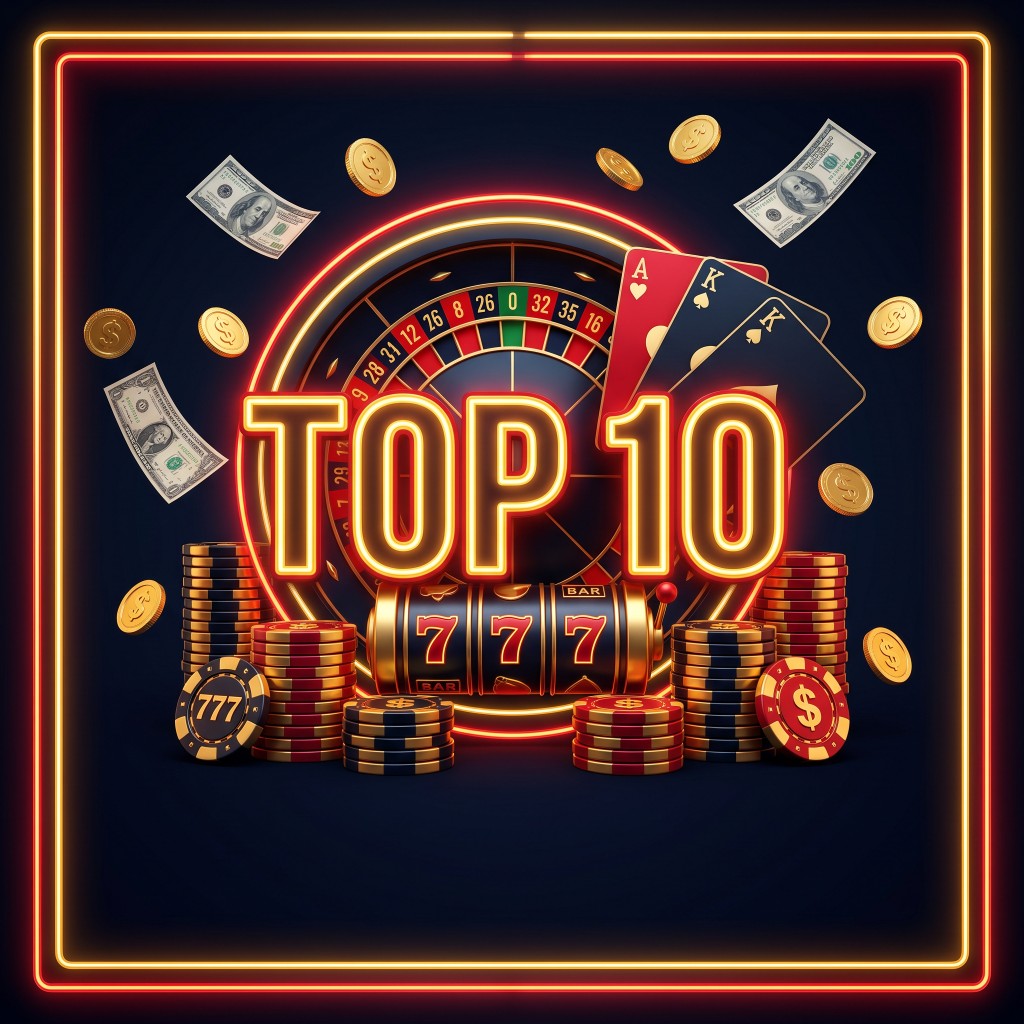 Top ten casino hotels graphic with neon frame, cards, chips and a roulette wheel.